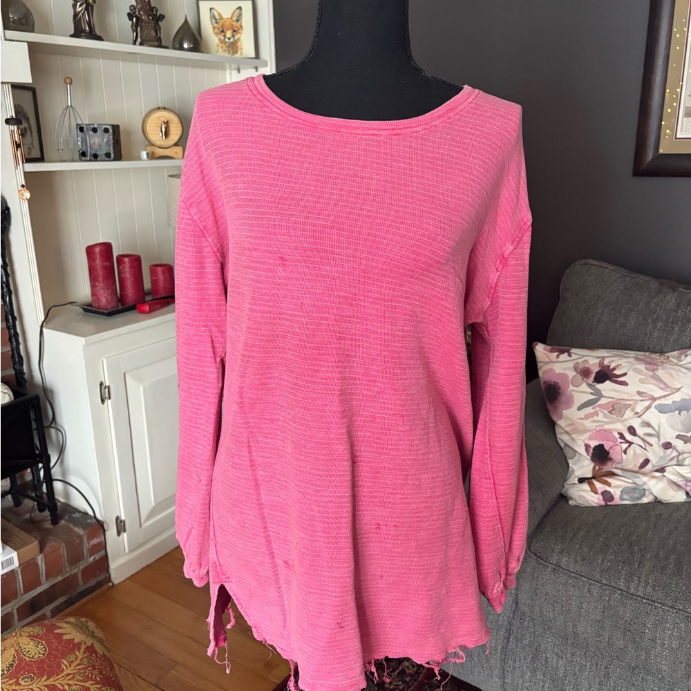 We The Free Pink Distressed Long Sleeve Top